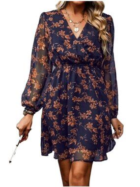 Women's Floral Long Sleeve Chiffon A-line V-neck Mini Dress